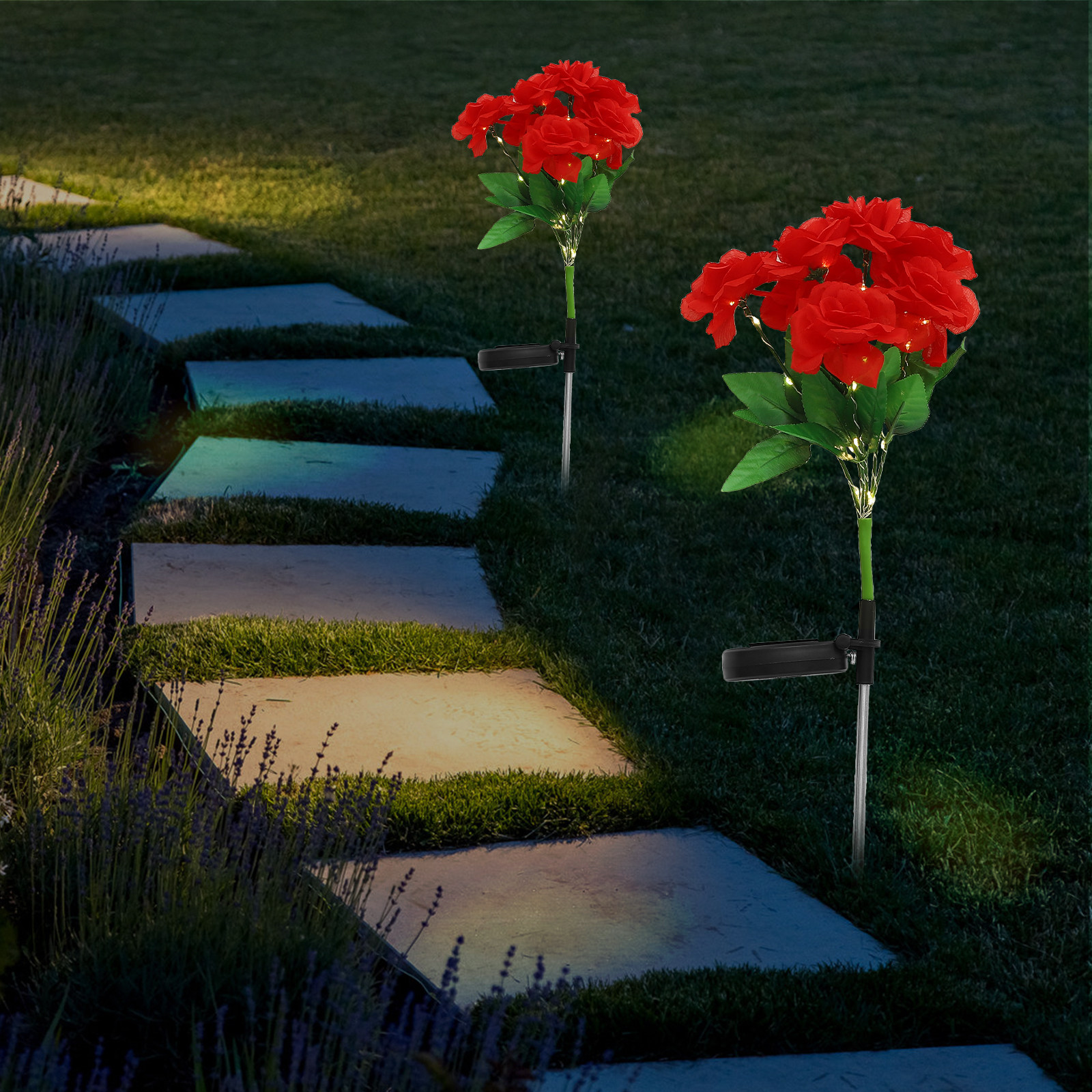 Outdoor Yard Power Stake - Solar Powered 7-Head Rose Flower Stake